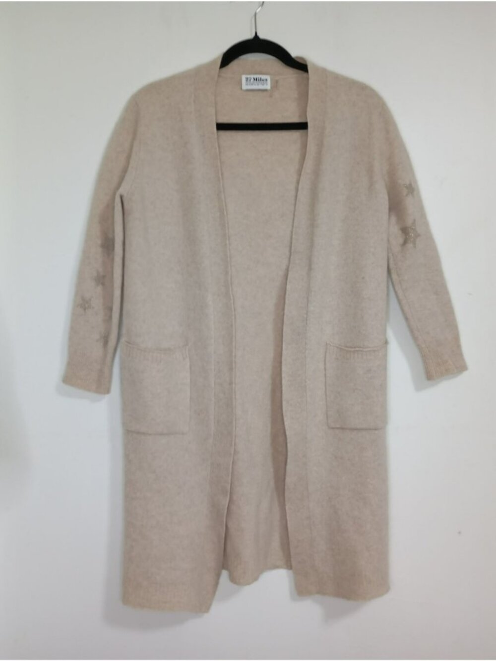27 Miles Beige 100% Cashmere Open Front Cardigan Accents Pockets Size XS women